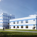 Blue And White Multi Story Industrial Factory Building With Lawn And Windows Under Blue Sky