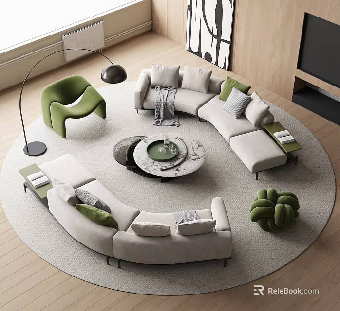 Modern Curved Sofa Coffee Table Set with Marble Top Green Accent Chair and Floor Lamp 3d model 