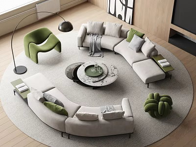 Modern Curved Sofa Coffee Table Set with Marble Top Green Accent Chair and Floor Lamp 3d model