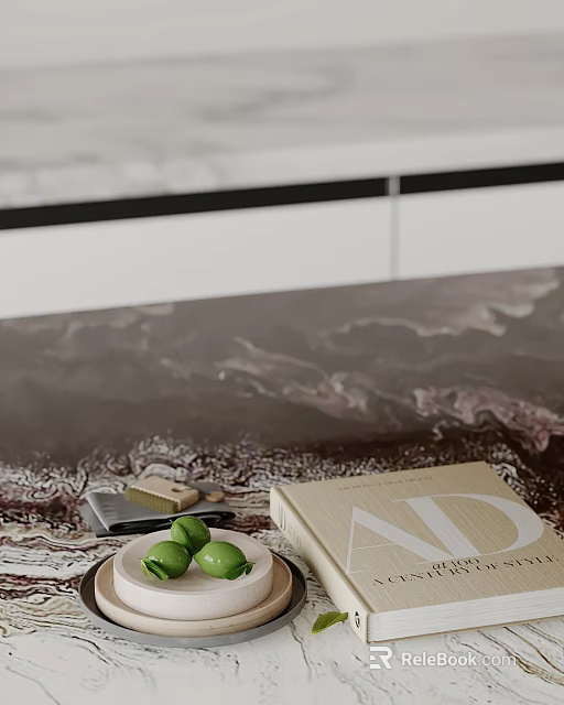 Elegant Decorative Ornament Set on Marble Countertop with Limes AD Magazine and Small Decor Item 3d model 