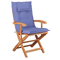 Round Wooden Outdoor Table with Blue Chairs and Blue Umbrella for Patio