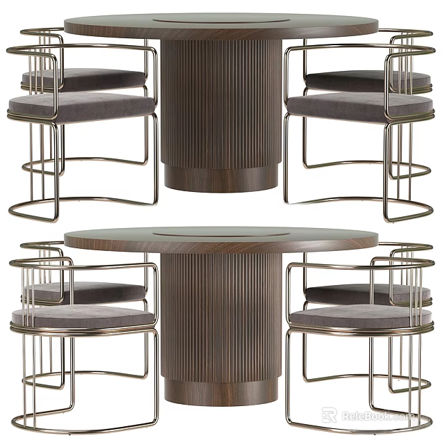 Modern Round Dining Table Set With Ribbed Wooden Base And Metal Frame Gray Cushion Chairs 3d model 