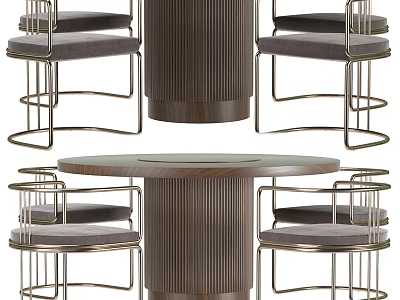 Modern Round Dining Table Set With Ribbed Wooden Base And Metal Frame Gray Cushion Chairs 3d model