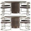 Modern Round Dining Table Set With Ribbed Wooden Base And Metal Frame Gray Cushion Chairs