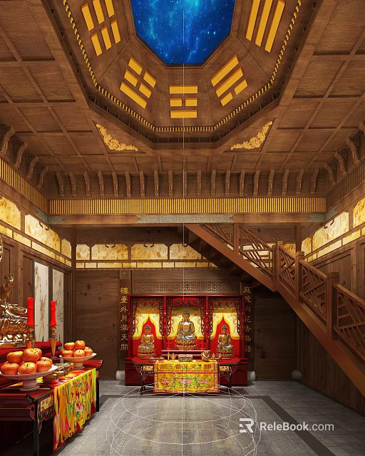 Buddhist Temple Interior With Wooden Architecture Buddha Statues Staircase And Offerings 3d model 
