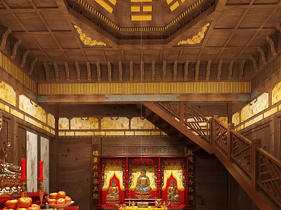 Buddhist Temple Interior With Wooden Architecture Buddha Statues Staircase And Offerings 3d model