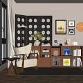 Stylish Decorative Cabinet With Books Decorative Items White Armchair Floor Lamp Framed Pictures And Clock