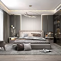 Elegant Modern Bedroom Interior With Bed Pillows Chandelier Glass Wardrobe Armchair And Curtains