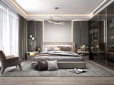 Elegant Modern Bedroom Interior With Bed Pillows Chandelier Glass Wardrobe Armchair And Curtains 3d model