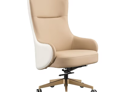 Beige And White High Back Office Chair With Leather Upholstery And Gold Swivel Base 3d model