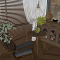 Cozy Rocking Leisure Chair With Side Table Vase Green Plant Window Blinds Curtains Wooden Floor