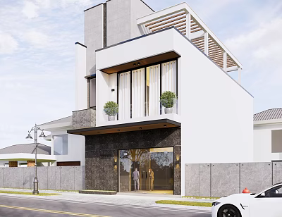 Modern Detached Villa White Exterior Black Front Door Green Plants Person At Entrance White Car 3d model