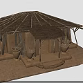 Traditional Adobe Building With Thatch Roof And Clay Pots On Earthen Ground