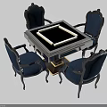 Elegant Entertainment Table With Square Black Top And Four Dark Framed Blue Chairs 3d model