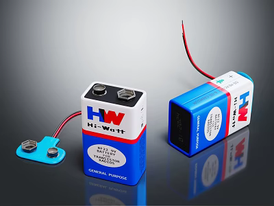 HW Batteries For Household Appliances With Blue White Casing And Red Wire Components 3d model