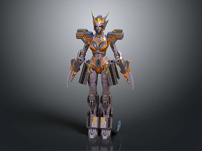 Futuristic Robot Character Design With Golden Orange Armor And Mechanical Structure 3d model