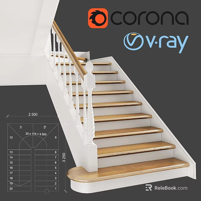 Modern Interior Staircase Design With Wooden Steps White Handrail And 3D Rendered Details 3d model 