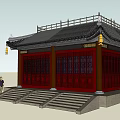 Traditional Chinese Ancient Architecture With Red Doors Windows Black Tiled Roof And Yellow Lanterns
