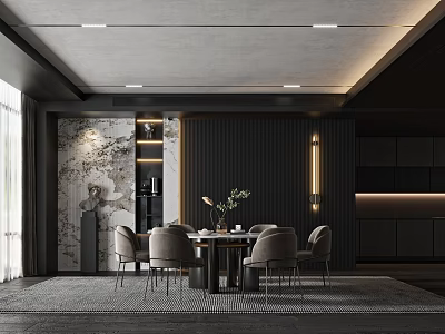 Modern Restaurant Interior with Dark Design Marble Wall Recessed Lighting Dining Table Chairs and Green Plant 3d model