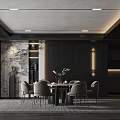Modern Restaurant Interior with Dark Design Marble Wall Recessed Lighting Dining Table Chairs and Green Plant