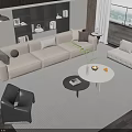 Modern Sofa And Coffee Table Set In Living Room With Beige Upholstery Ottoman And Bookshelves