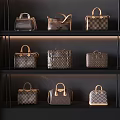 Luxury Designer Handbags Display On Black Shelves With Multiple Classic Patterns And Styles