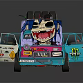 Turquoise Pink Modified Car With Monster Energy Graffiti Open Doors And Roof Engine