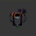 Purple And Orange Mechanical Character With Head Like Structure And Blue Glowing Orb