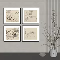 Traditional Chinese Ink Paintings Four Framed Artworks Hanging On Wall With Plant