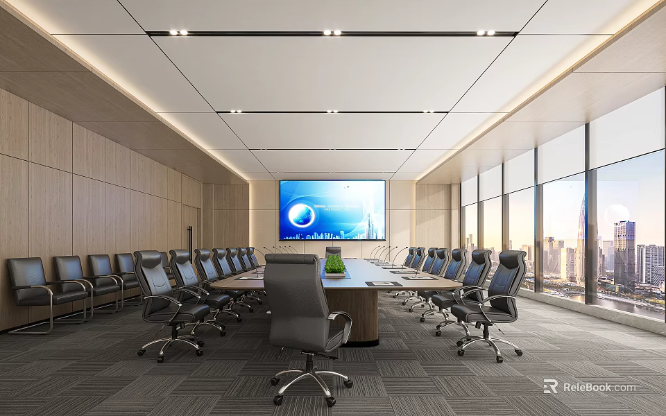 Modern Conference Room With Long Table Black Office Chairs Large Screen And City View 3d model 