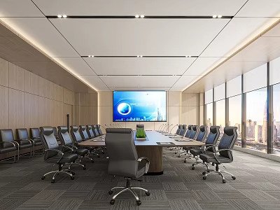 Modern Conference Room With Long Table Black Office Chairs Large Screen And City View 3d model