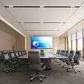 Modern Conference Room With Long Table Black Office Chairs Large Screen And City View