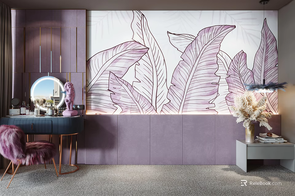 Elegant Modern Sofa Background Wall With Purple Leaf Pattern Mural And Interior Decor 3d model 