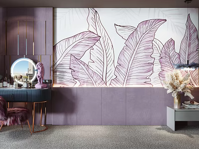 Elegant Modern Sofa Background Wall With Purple Leaf Pattern Mural And Interior Decor 3d model