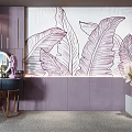 Elegant Modern Sofa Background Wall With Purple Leaf Pattern Mural And Interior Decor