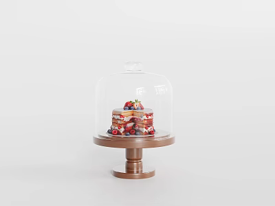 Fresh Berry Topped Cake On Wooden Stand With Glass Dome Cover 3d model