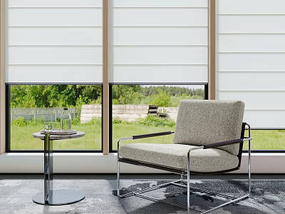 Modern Light Gray Accent Chair Metal Frame By Window Side Table Outdoor Greenery View 3d model