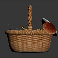 Colorful Food Items in Wicker Basket with Yellow Red Fruits and Mushroom Shaped Snacks