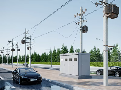 Modern Road Facilities With Electric Poles Distribution Boxes Vehicles And Trees 3d model