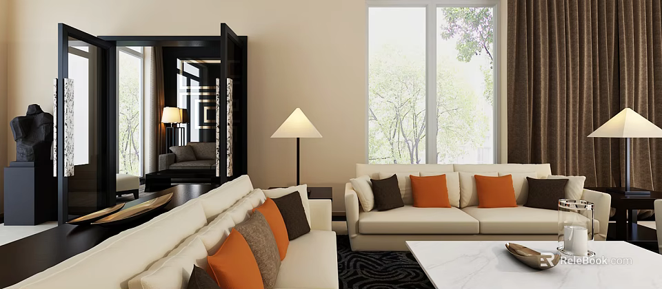 Beige Sofa with Orange Brown Cushions and White Marble Coffee Table Set Near Large Window 3d model 