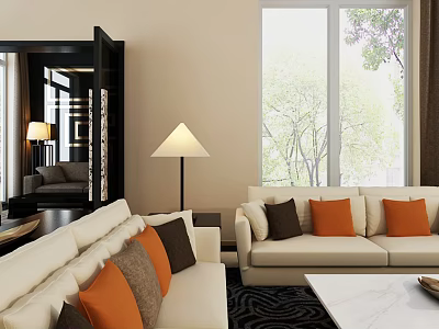Beige Sofa with Orange Brown Cushions and White Marble Coffee Table Set Near Large Window 3d model