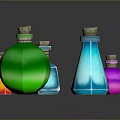 Colorful Glass Bottles In Various Shapes With Cork Stoppers On Dark Background