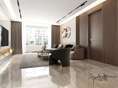 Modern Living Dining Room Interior With Sofa TV Rug Lighting And Curtain Design 3d model