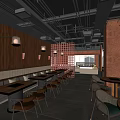 Modern Hotpot Restaurant Interior With Wooden Decor Tables Chairs And Pendant Lighting