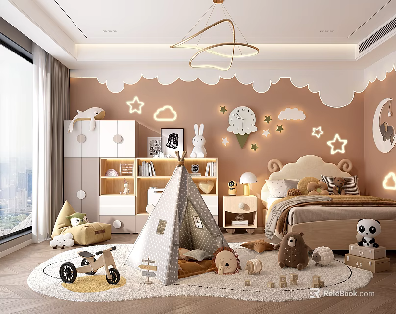 Kids Room With Star Cloud Moon Wall Decor Bookshelf Teepee Tent And Stuffed Toys 3d model 