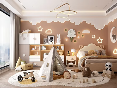 Kids Room With Star Cloud Moon Wall Decor Bookshelf Teepee Tent And Stuffed Toys 3d model