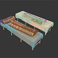 Three Upholstered Benches With Different Patterned Fabrics Various Colors And Simple Structure