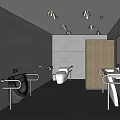 Public Restroom Interior With White Toilet Grab Bars Wooden Stall Gray Tiles Sink And Mirror