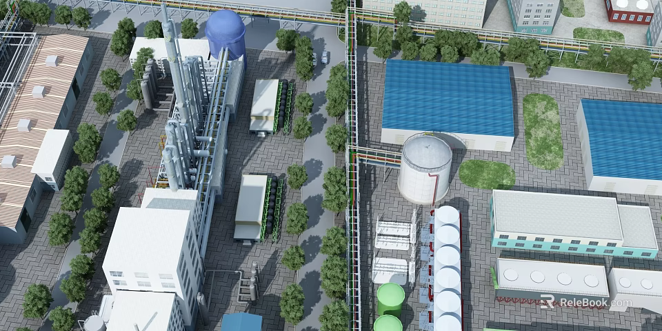 Industrial Manufacturing Plant With Blue Water Tower Storage Tanks Pipes And Green Trees 3d model 