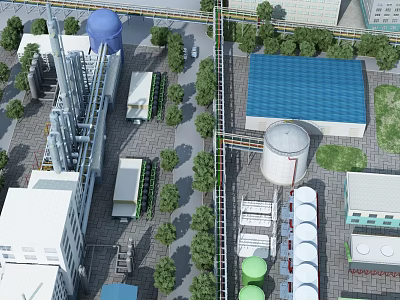 Industrial Manufacturing Plant With Blue Water Tower Storage Tanks Pipes And Green Trees 3d model